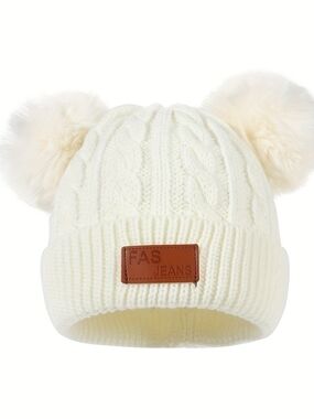 FAS Jeans Cream Knit Beanie with Double Pom Poms